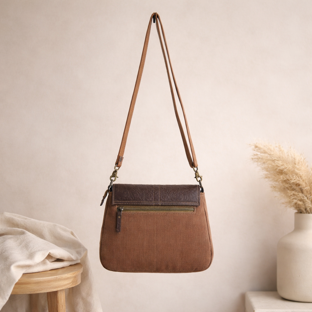 Art Upcycled Canvas & Leather Crossbody Bag | Handmade