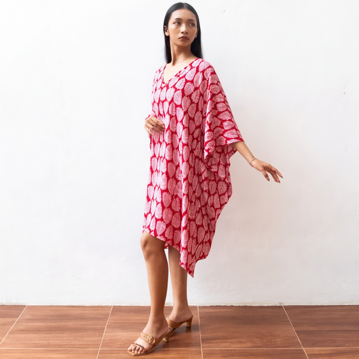 Block Print Short Kaftan Dress (Citrus Red) Sun Resort Wear