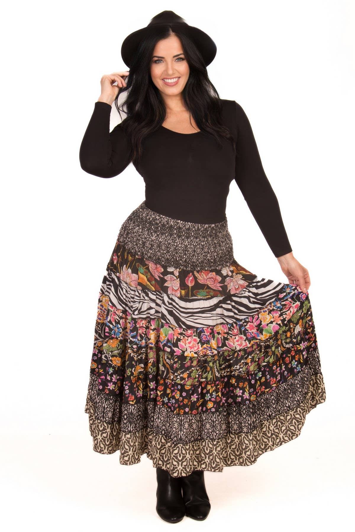 LONG SILK TIERED PEASANT SKIRT