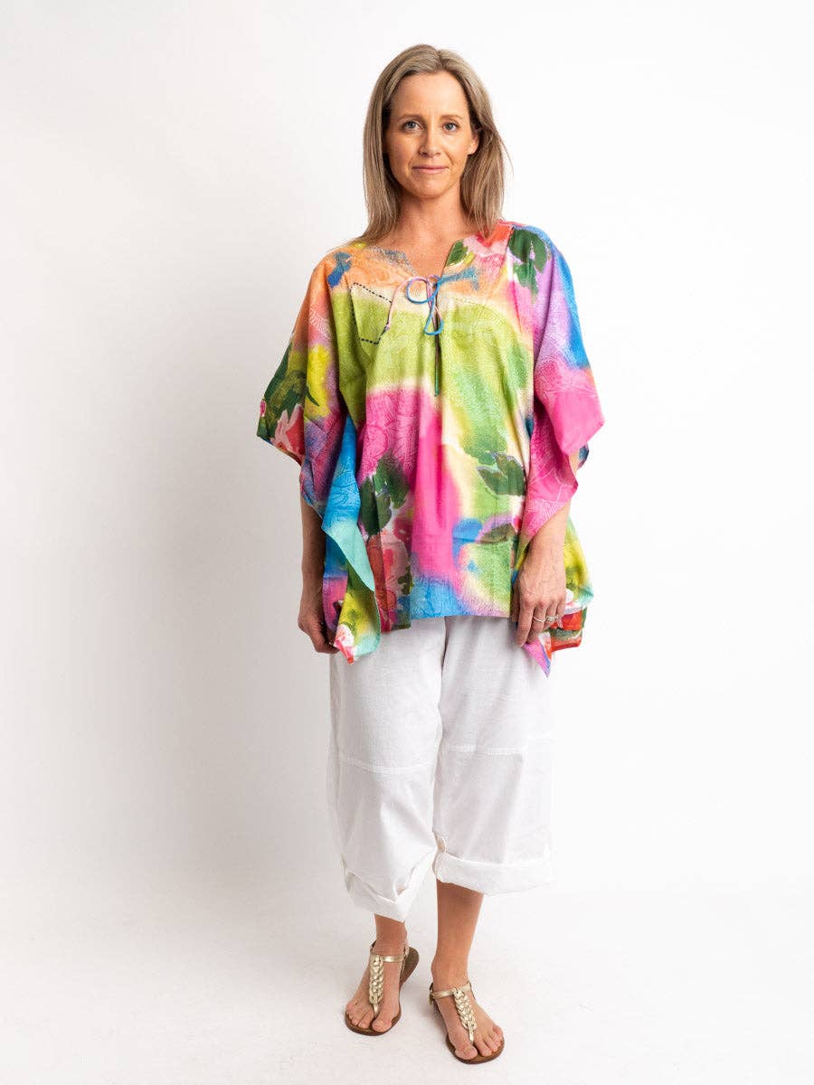 Too Easy Poncho Style V-Neck Top In Embroidered Pastels