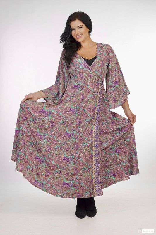 SILK WRAP AROUND DRESS - PURPLE/GOLD