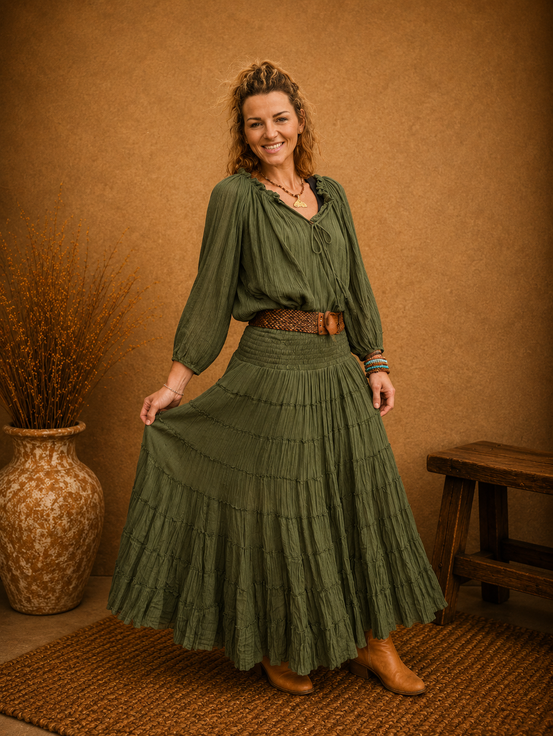 Boho Crinkle Cotton Tiered Skirt Khaki