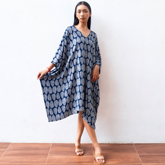 Block Print Short Kaftan Dress (Citrus Navy) Resort Wear