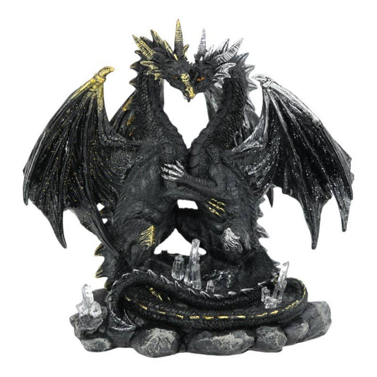 20cm Twin Black Lover Dragons On Crystal Rock