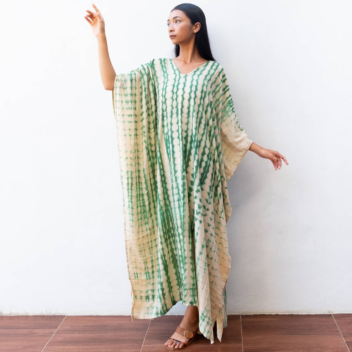 Tie Dye Kaftan Dress (Cream Green) Beach Lounge Resort Wear