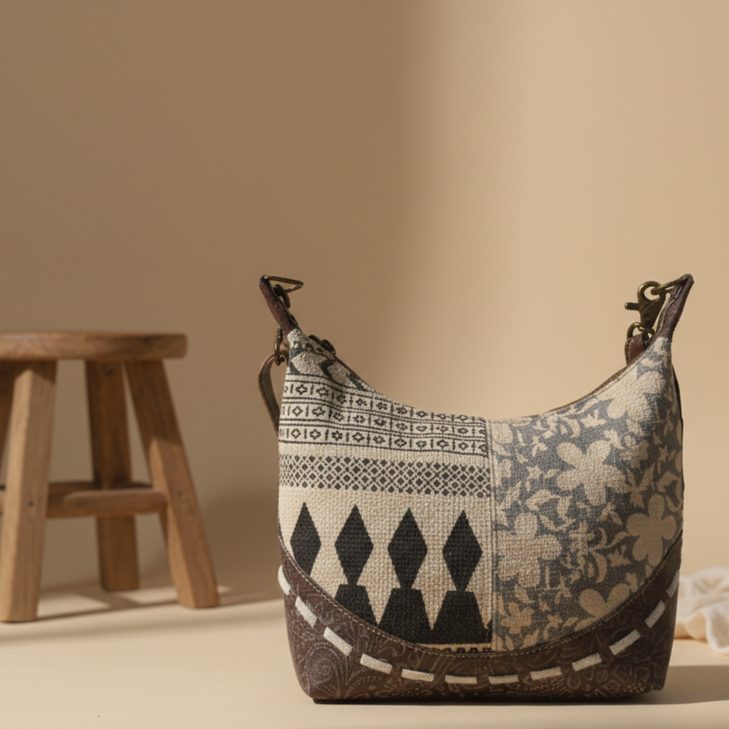 Bizo Upcycled Canvas & Leather Crossbody Bag | Handmade