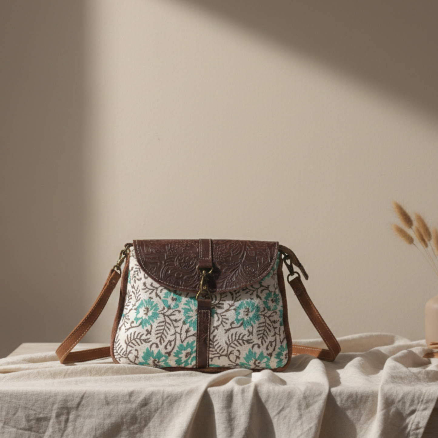 Gio Upcycled Canvas & Leather Crossbody Bag | Handmade