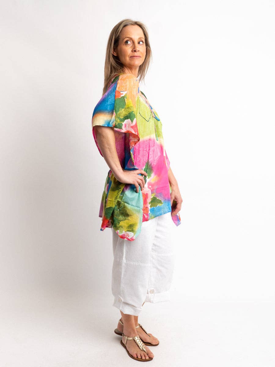 Too Easy Poncho Style V-Neck Top In Embroidered Pastels