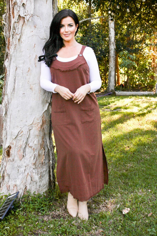 CHARLI - LONG PINAFORE DRESS - COCOA