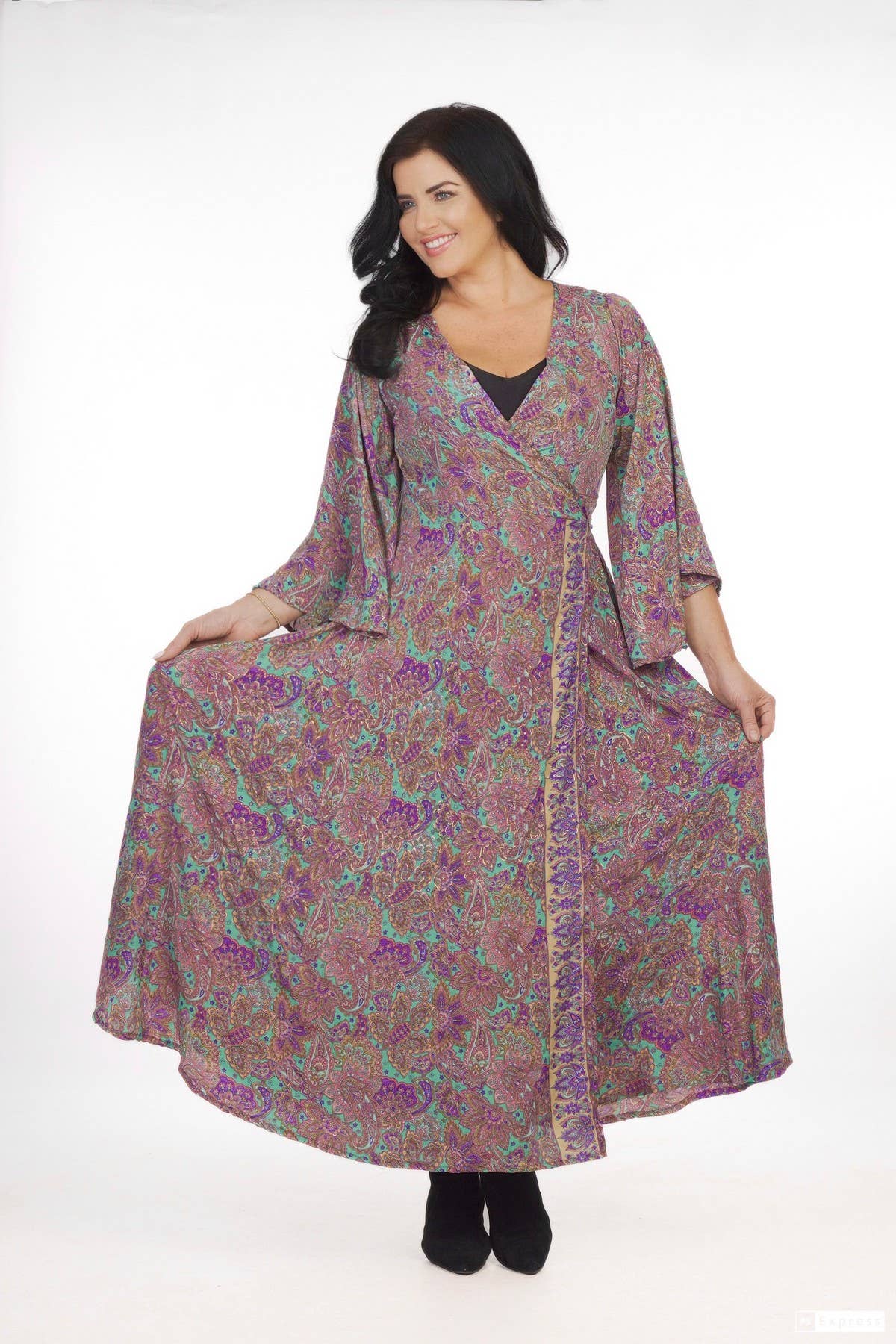 SILK WRAP AROUND DRESS - PURPLE/GOLD