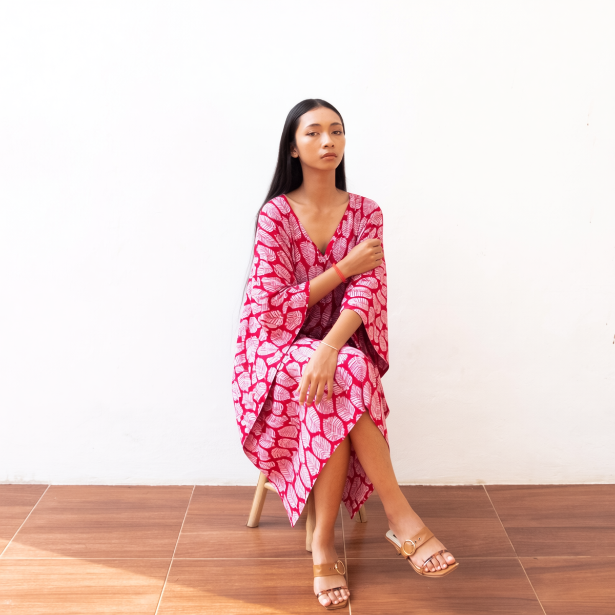 Block Print Short Kaftan Dress (Citrus Red) Sun Resort Wear