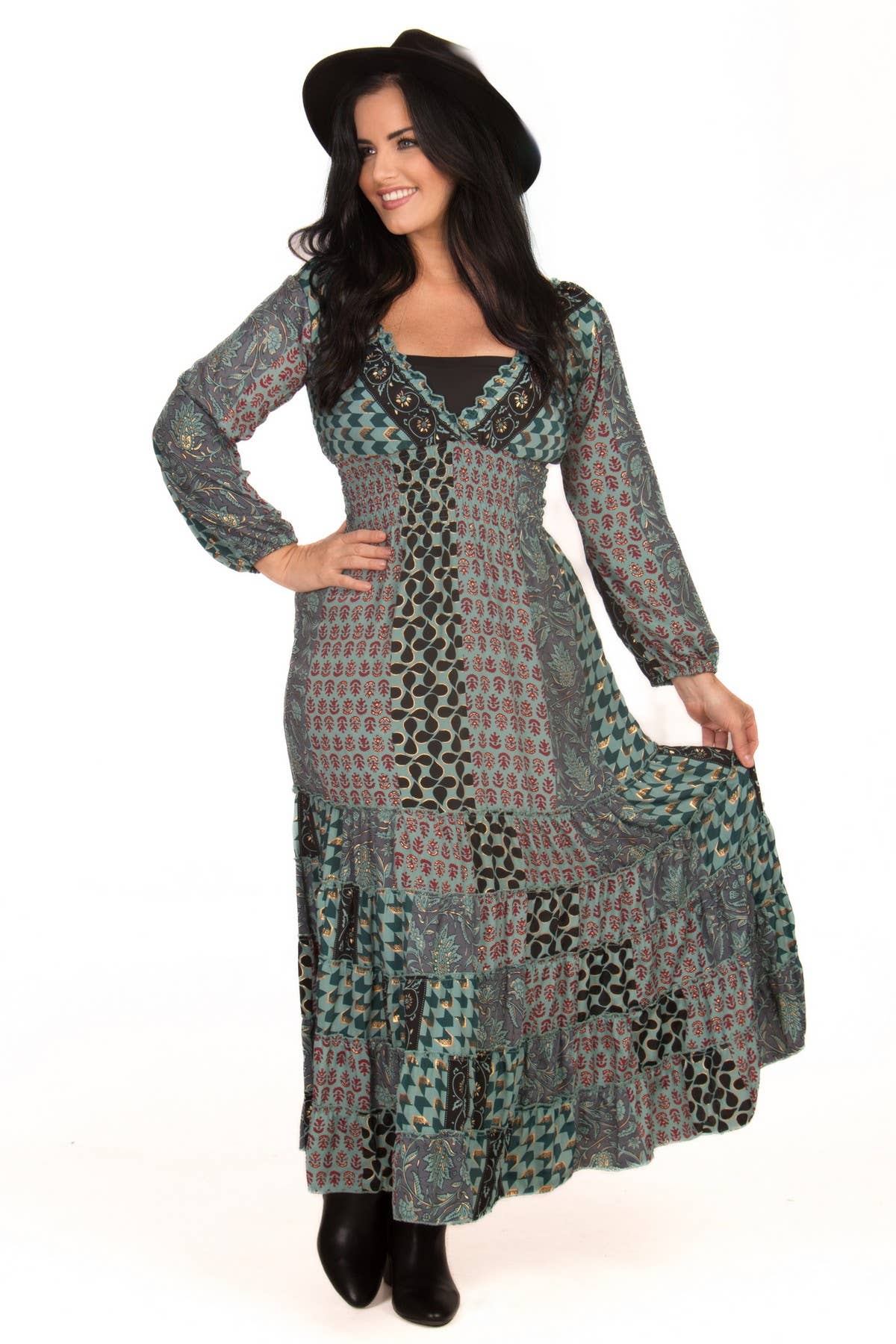 SILK GODDESS DRESS WITH LONG SLEEVES - TEAL