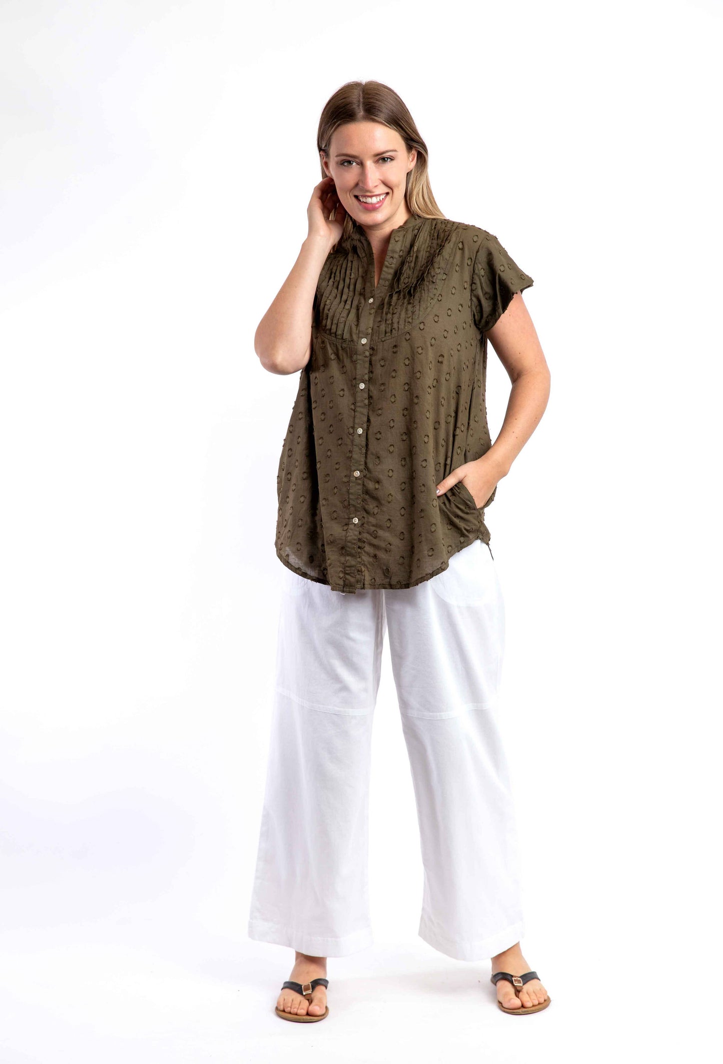 Magnetic Cap Sleeve Shirt In Olive Dobby