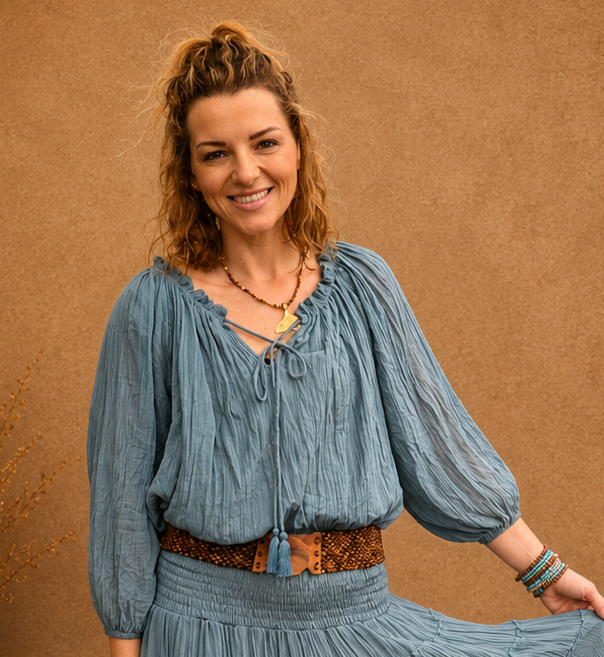 Boho Crinkle Peasant Top Blue