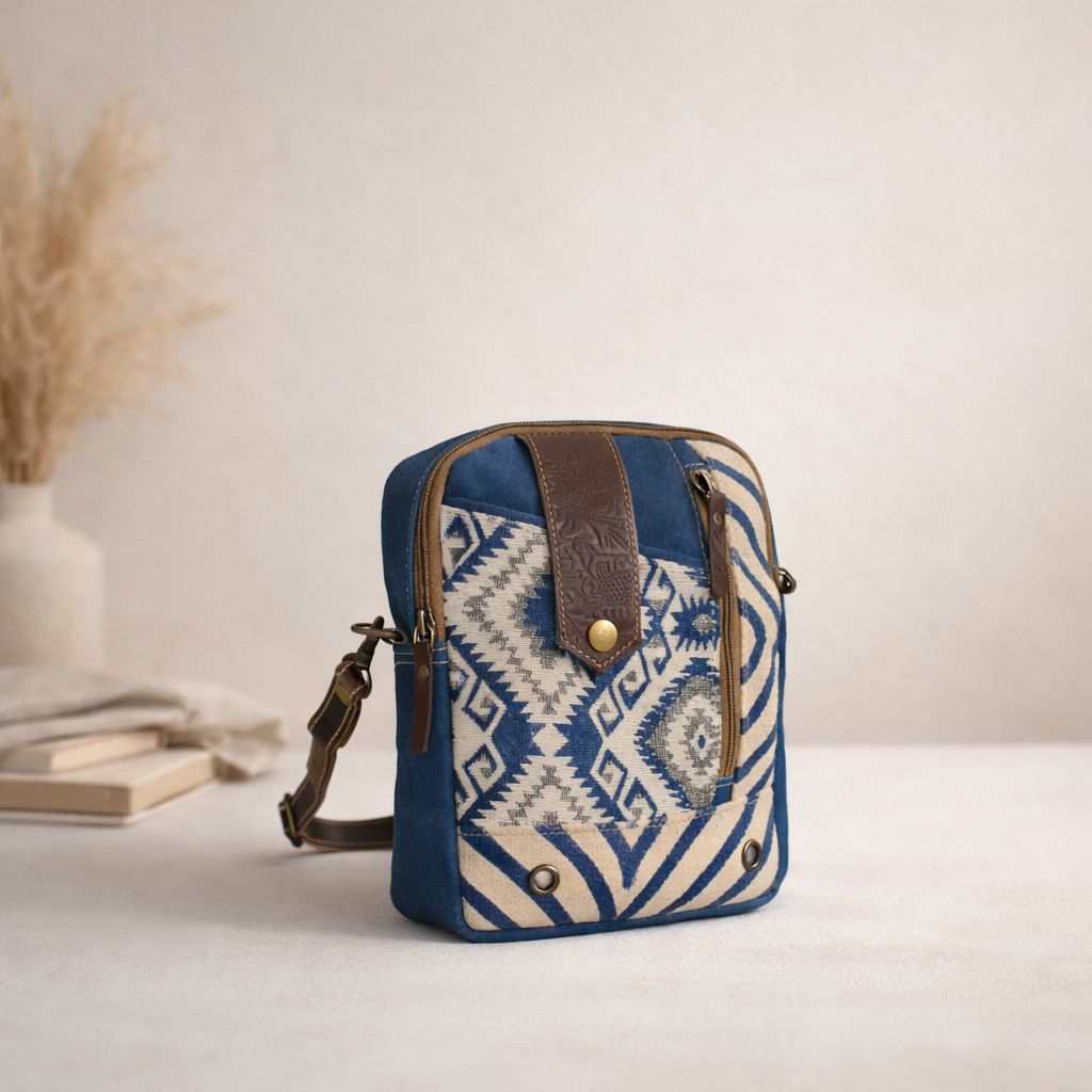 Dezy Upcycled Canvas & Leather Crossbody Bag Handmade