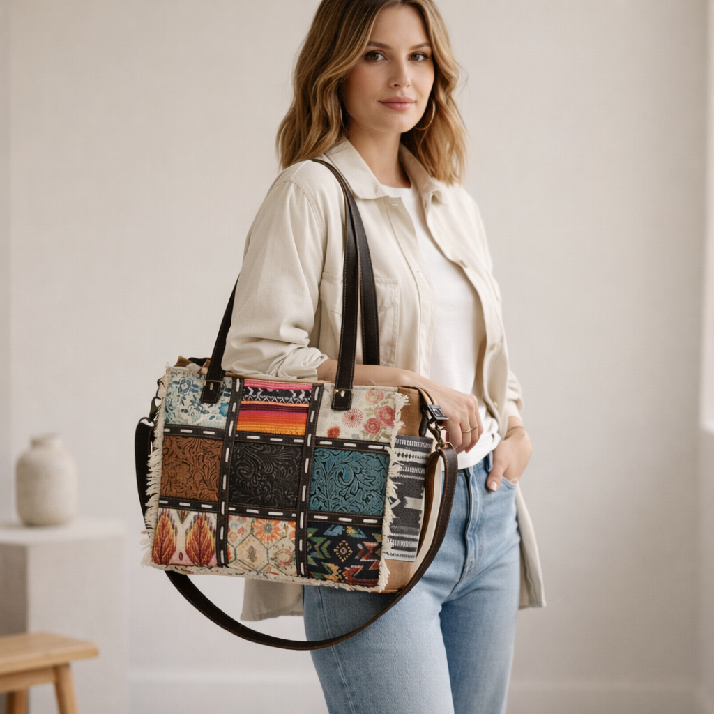 Multi Patch Upcycled Canvas & Leather Messenger Box Bag