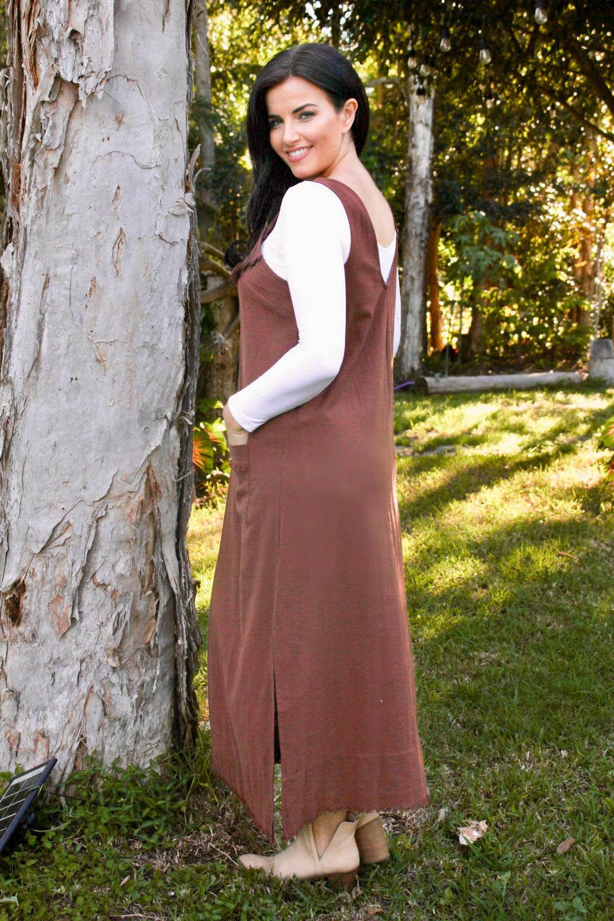 CHARLI - LONG PINAFORE DRESS - COCOA
