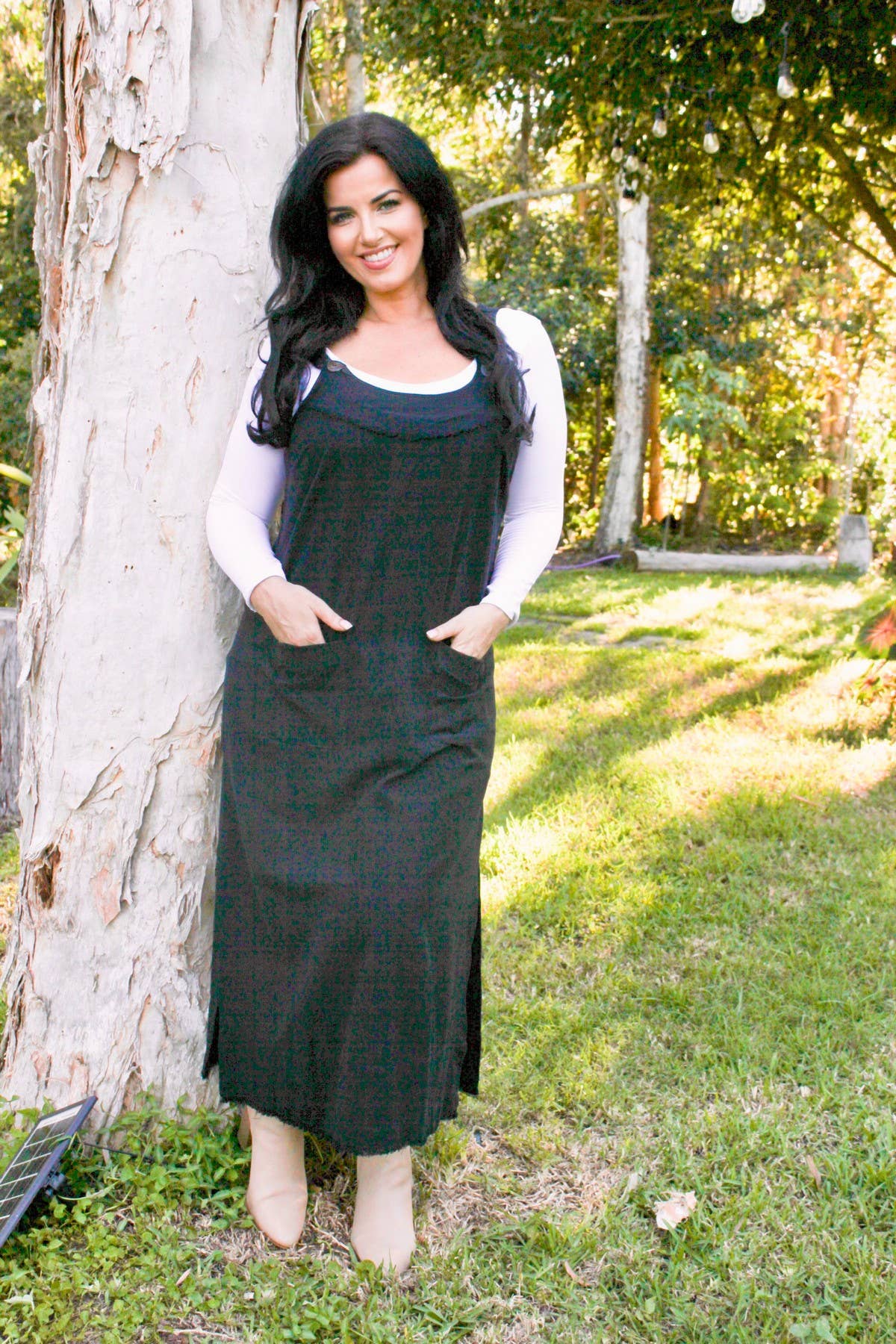 CHARLI - LONG PINAFORE DRESS - BLACK