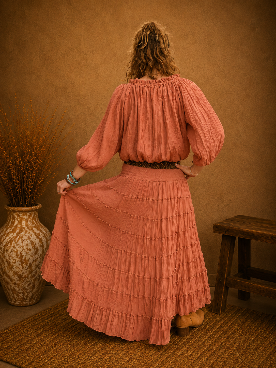 Boho Crinkle Cotton Tiered Skirt Rust