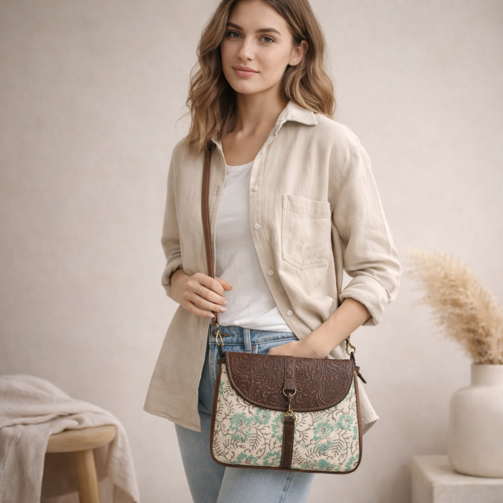 Gio Upcycled Canvas & Leather Crossbody Bag | Handmade