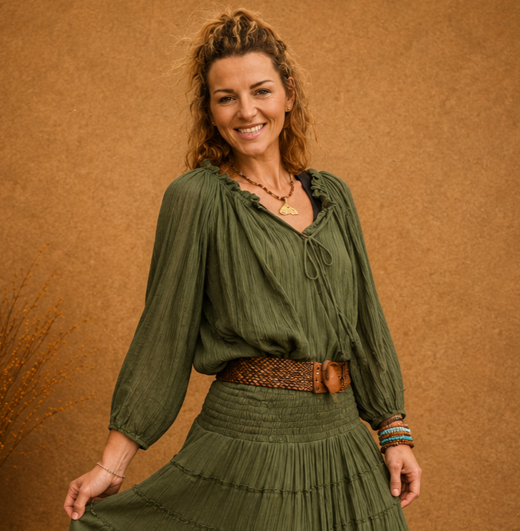 Boho Crinkle Peasant Top Khaki