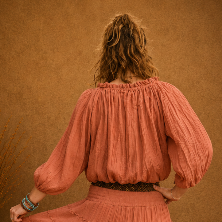 Boho Crinkle Peasant Top Rust