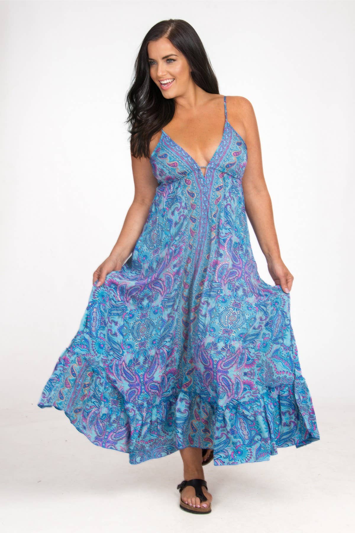 LONG STRAPPY SILK DRESS WITH POCKETS