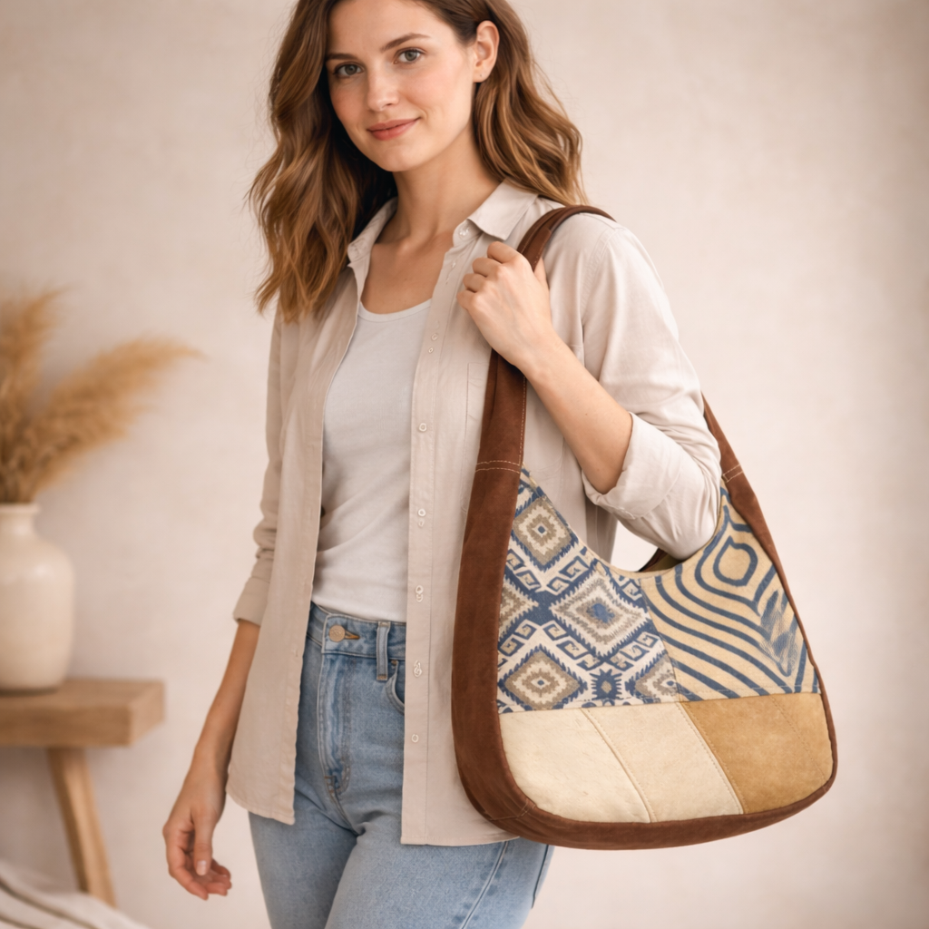 Dual Upcycled Canvas Rug & Leather Shoulder Bag | Handmade