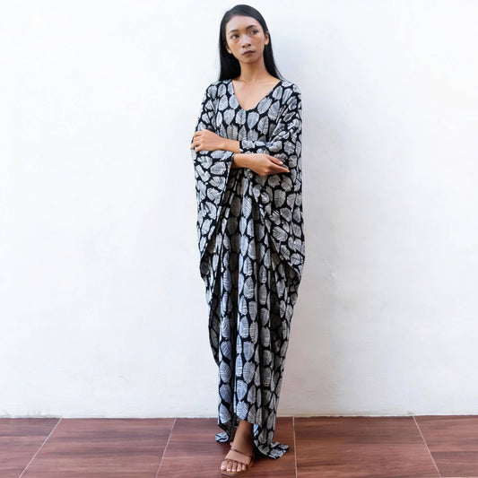 Block Print Kaftan Dress (Citrus Black) Resort Wear Lounge