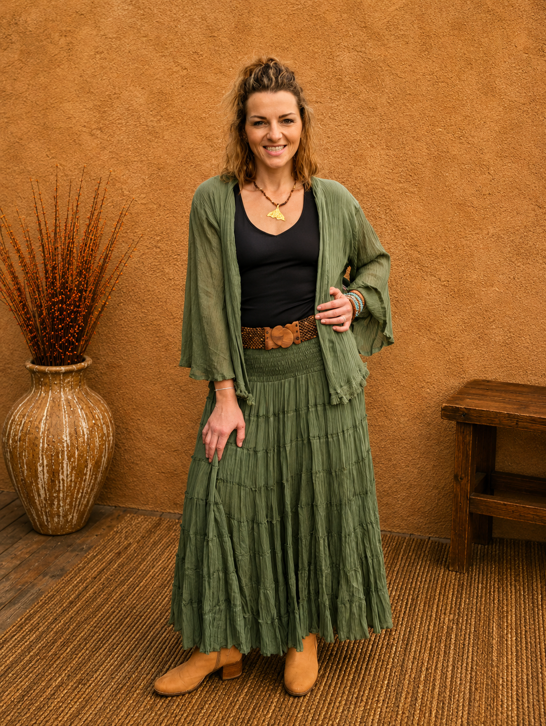 Boho Crinkle Cotton Jacket Green