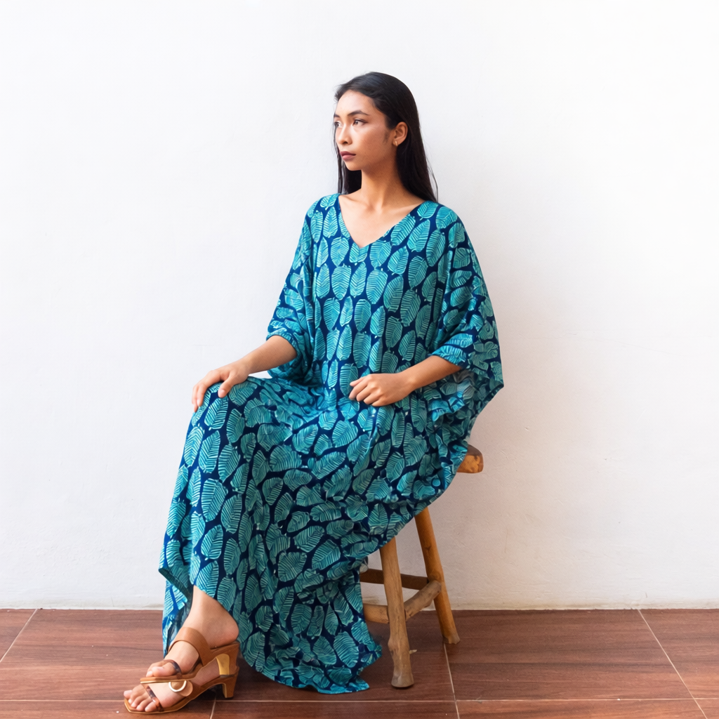 Block Print Kaftan Dress (Citrus Tosca) Resort Wear Lounge