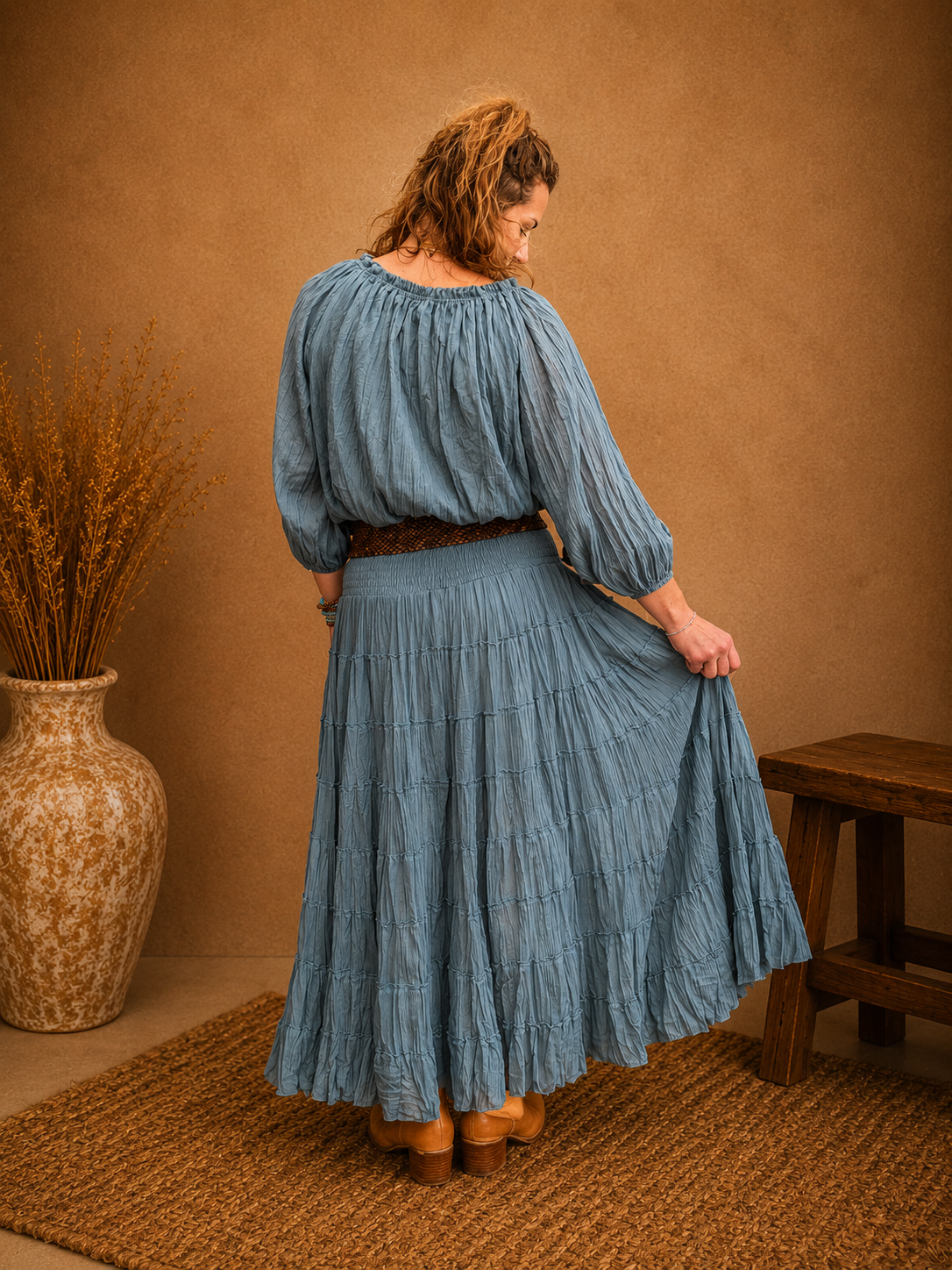 Boho Crinkle Cotton Tiered Skirt Blue