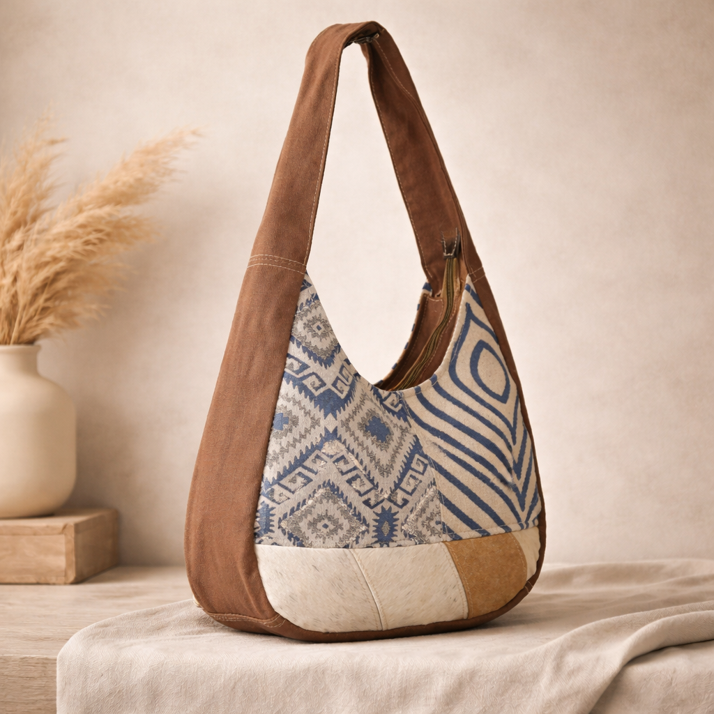 Dual Upcycled Canvas Rug & Leather Shoulder Bag | Handmade