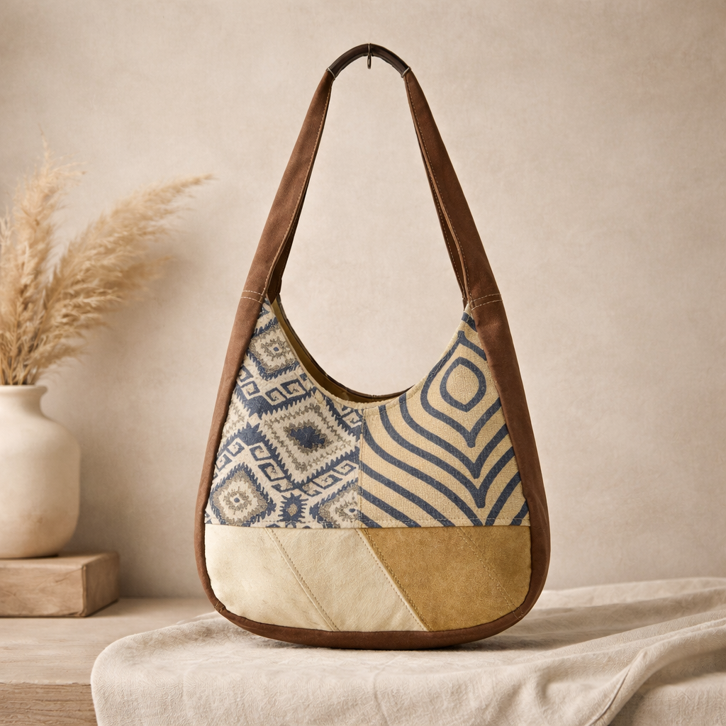 Dual Upcycled Canvas Rug & Leather Shoulder Bag | Handmade