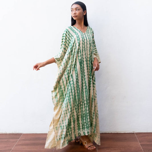 Tie Dye Kaftan Dress (Cream Green) Beach Lounge Resort Wear