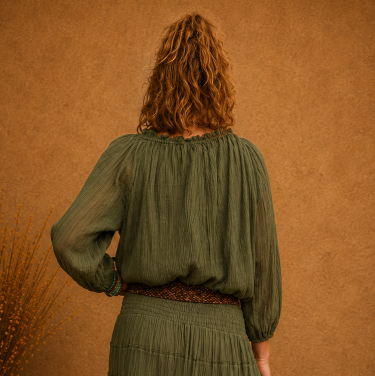 Boho Crinkle Peasant Top Khaki