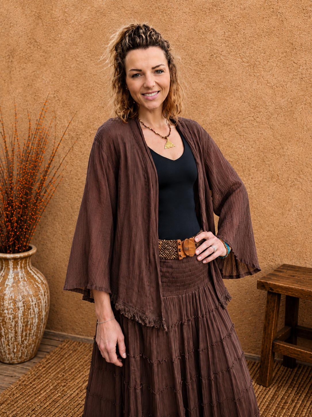 Boho Crinkle Cotton Jacket Chocolate