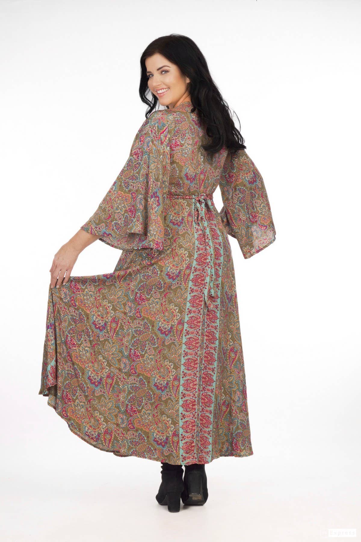 SILK WRAP AROUND DRESS - SAGE/GOLD