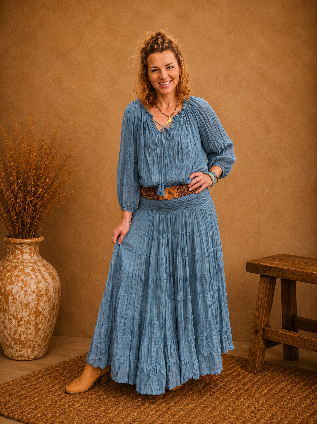 Boho Crinkle Cotton Tiered Skirt Blue