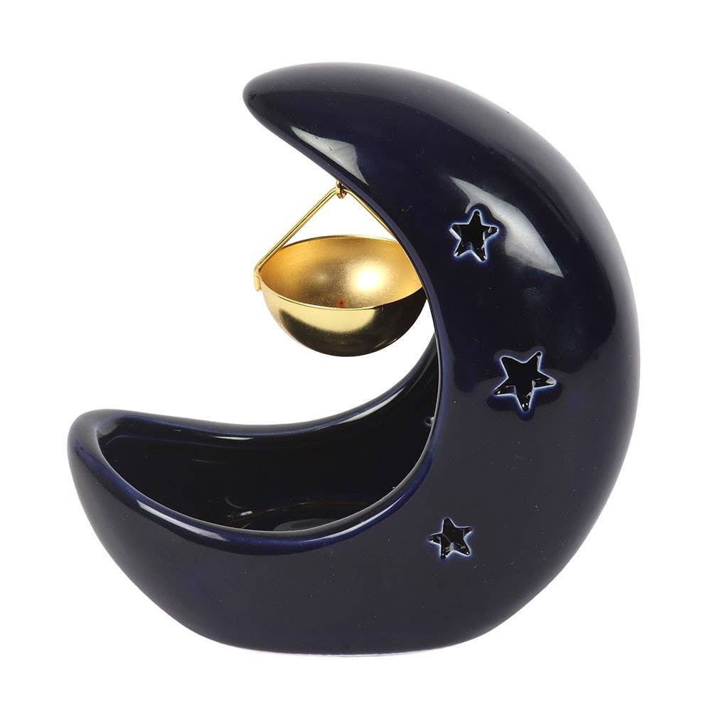 Blue Crescent Moon Hanging Ceramic Oil Burner with Metal Dis