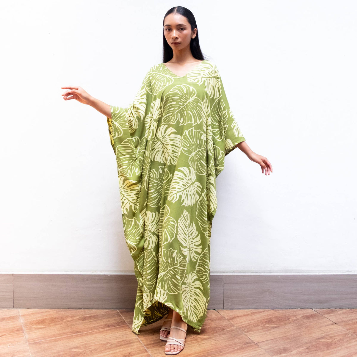Block Print Kaftan Dress (Monstera Green) Resort Wear Lounge