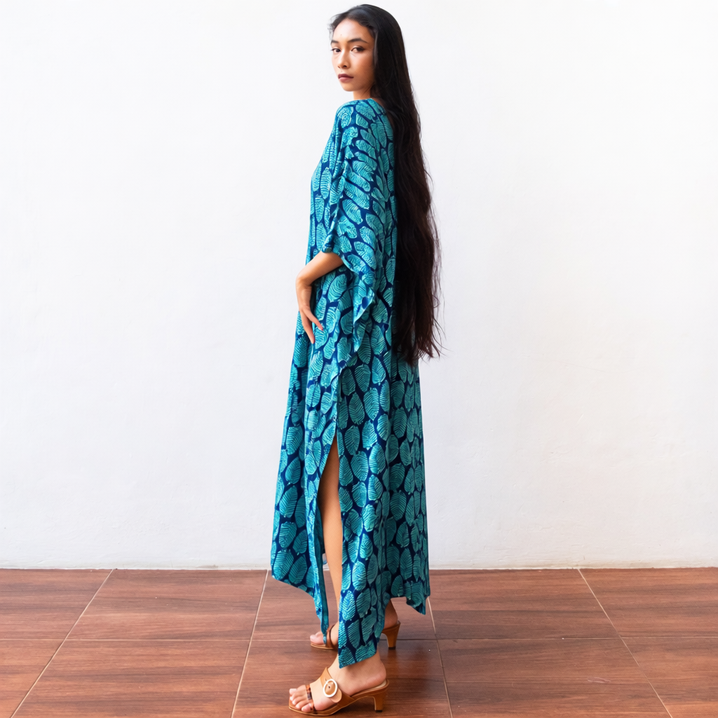 Block Print Kaftan Dress (Citrus Tosca) Resort Wear Lounge