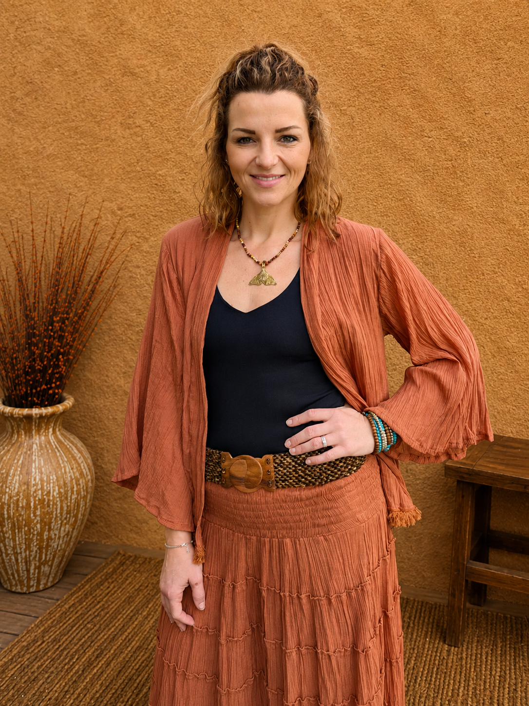 Boho Crinkle Cotton Jacket Rust