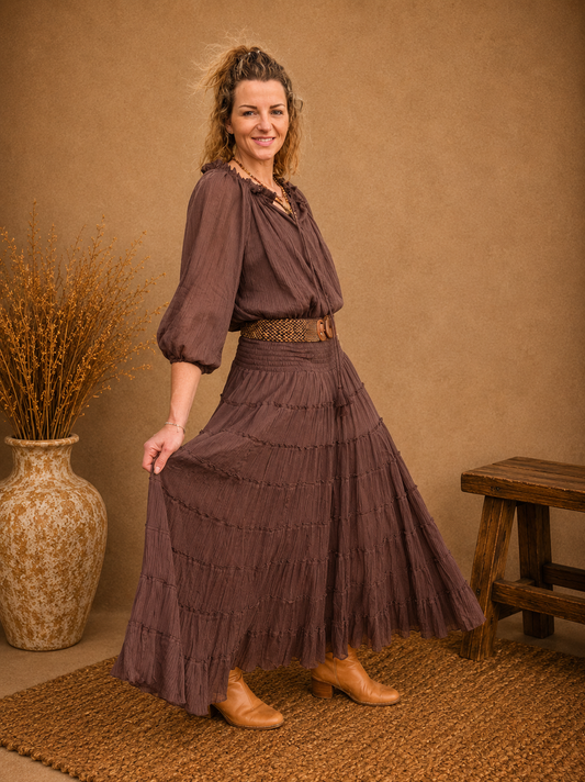 Boho Crinkle Cotton Tiered Skirt Chocolate