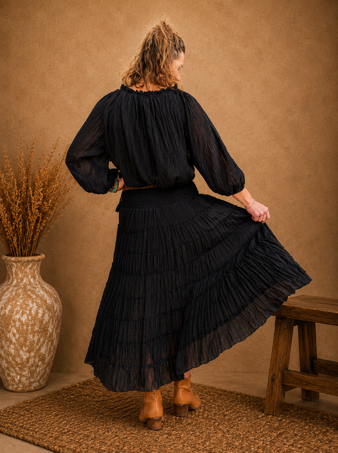 Boho Crinkle Cotton Tiered Skirt Black