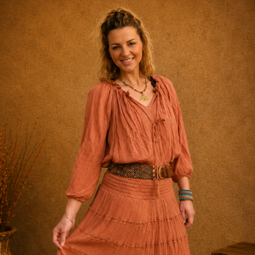 Boho Crinkle Peasant Top Rust