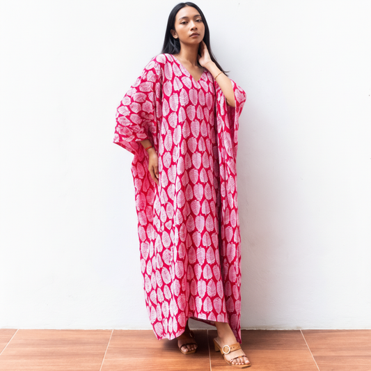 Block Print Kaftan Dress (Citrus Red) Sun Resort Wear Lounge