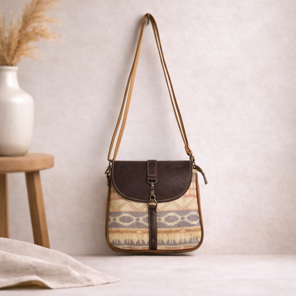 Art Upcycled Canvas & Leather Crossbody Bag | Handmade